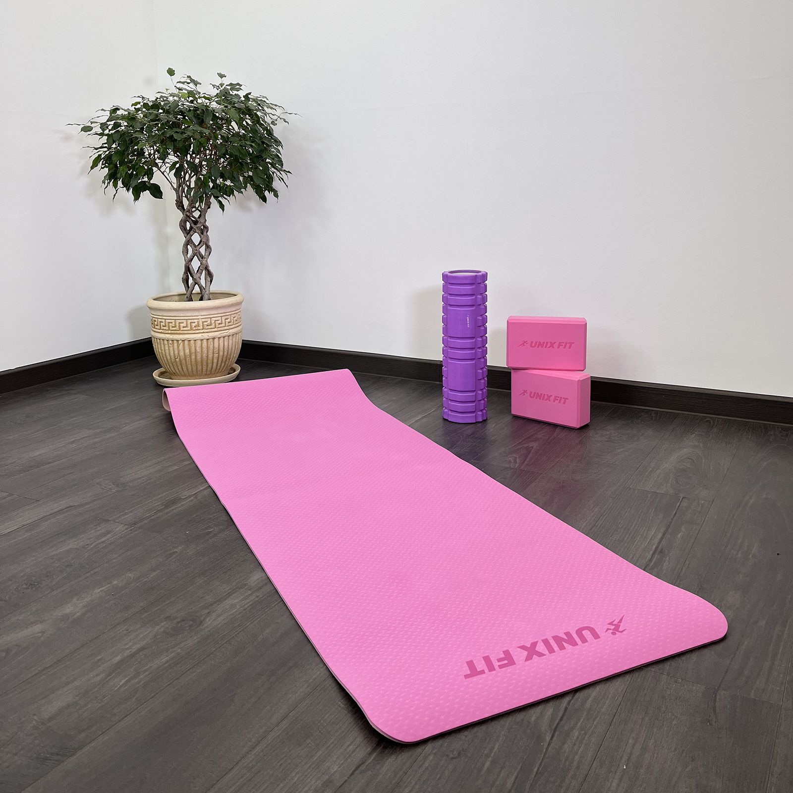 Коврик для йоги и фитнеса UNIX Fit двусторонний, 180 х 61 х 0,6 см, двуцветный, розовый
